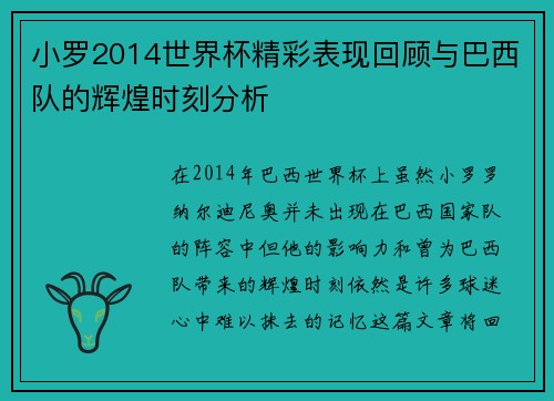 小罗2014世界杯精彩表现回顾与巴西队的辉煌时刻分析